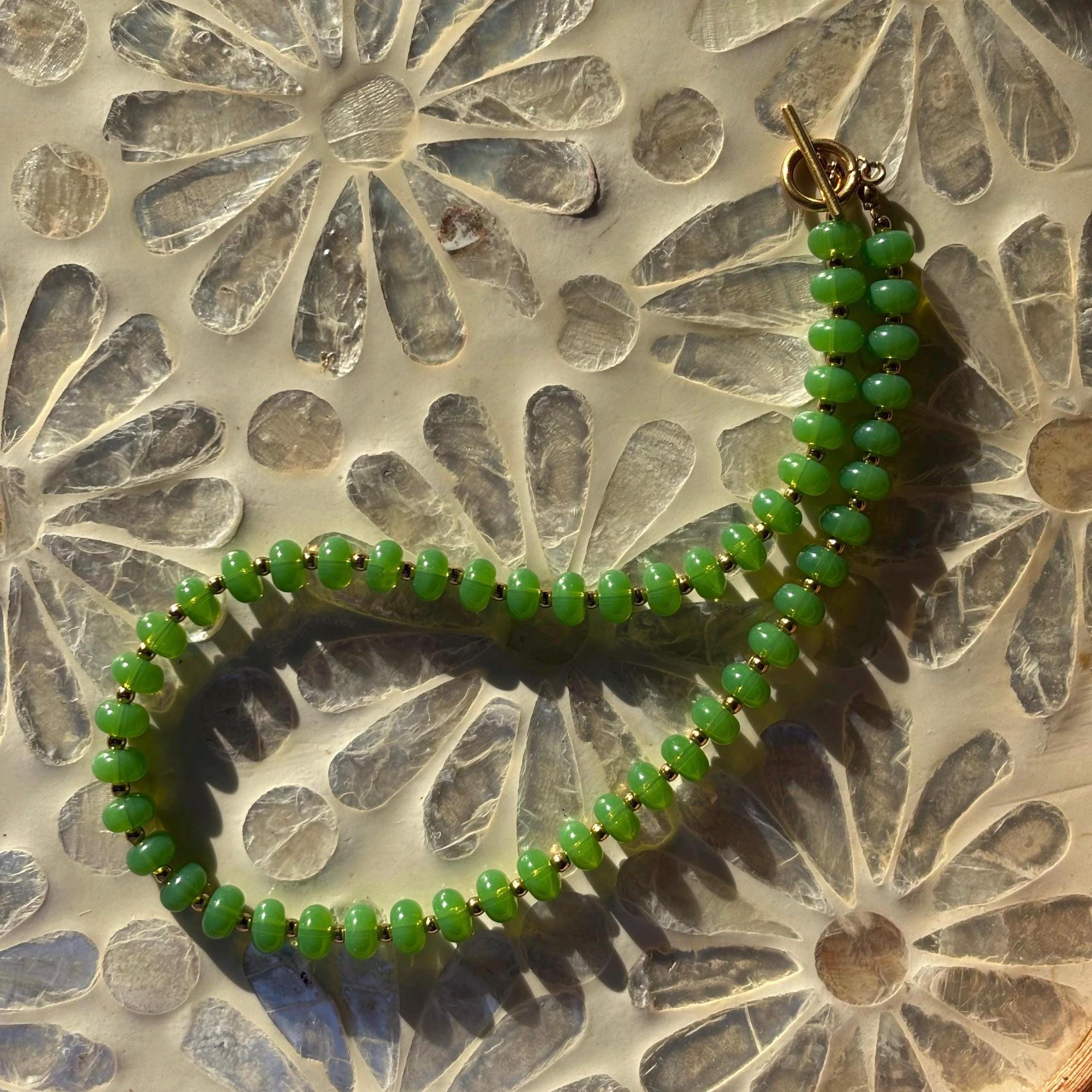 Green Beaded Necklace with Tarnish Resistant Gold Accents | Toggle Clasp Closure and Donut Roundelle Glass Beads | 17” + Customizable