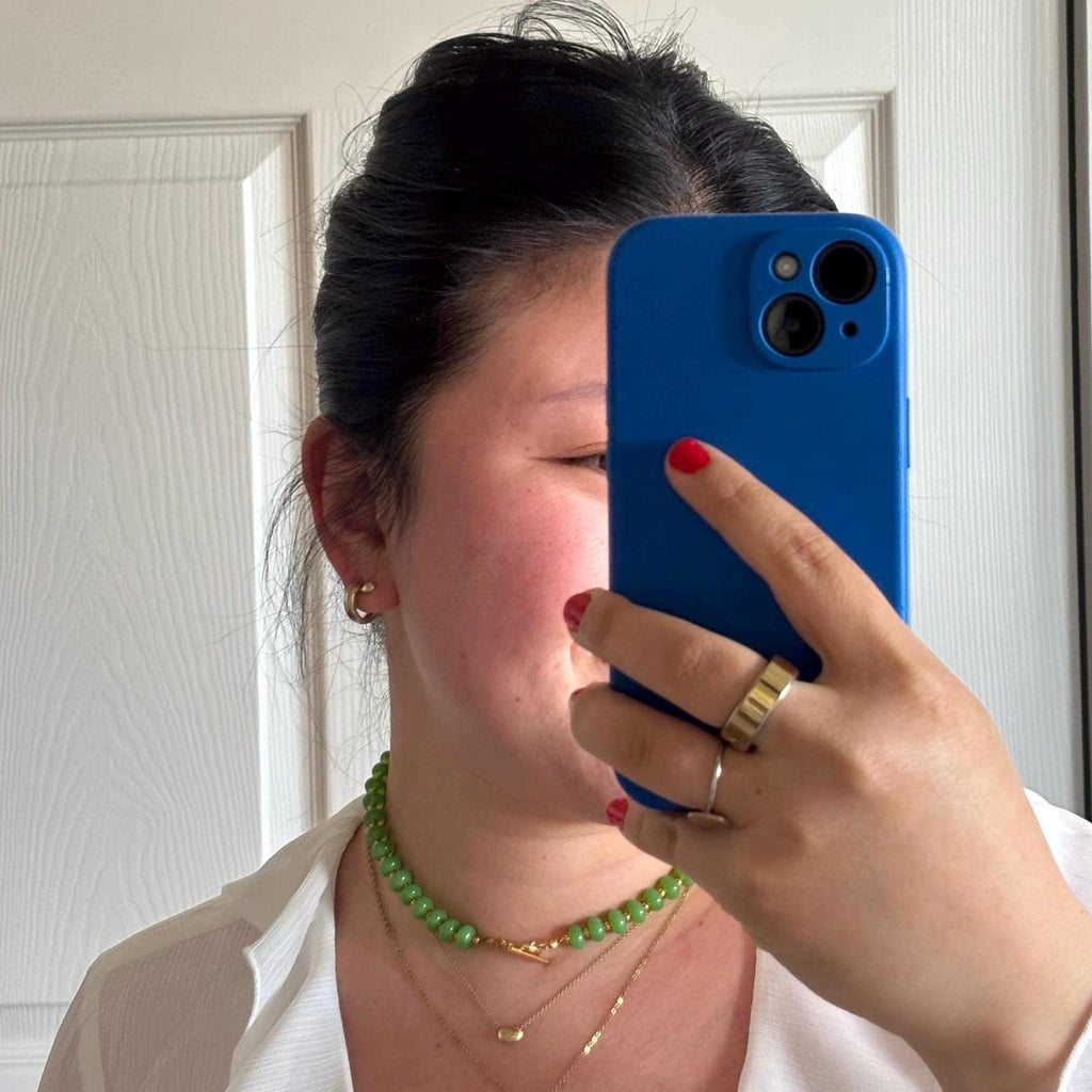 Green Beaded Necklace with Tarnish Resistant Gold Accents | Toggle Clasp Closure and Donut Roundelle Glass Beads | 17” + Customizable