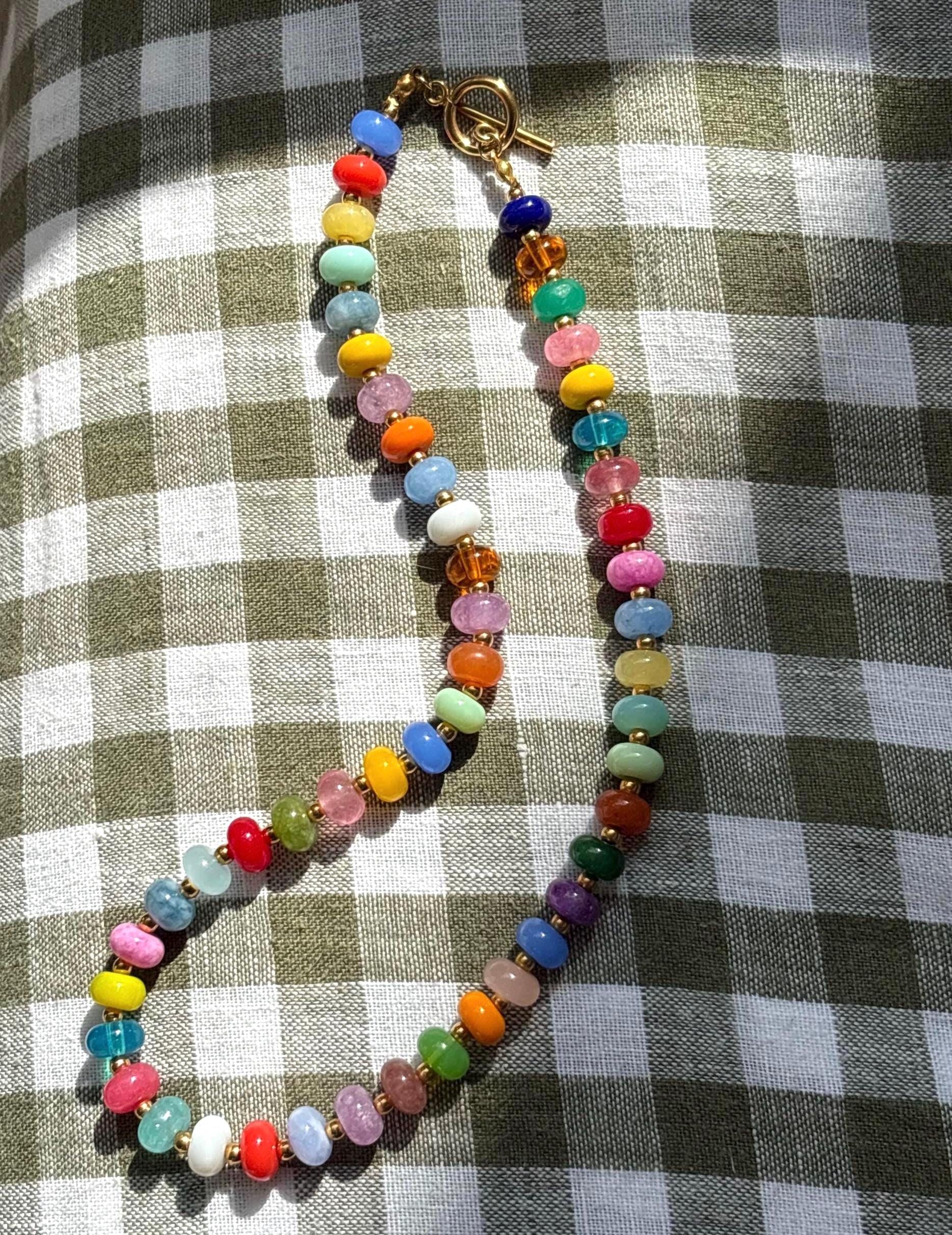 Multicolor Beaded Necklace with Tarnish Resistant Gold Accents | Toggle Clasp Closure and Donut Roundelle Glass Beads | 17” + Customizable