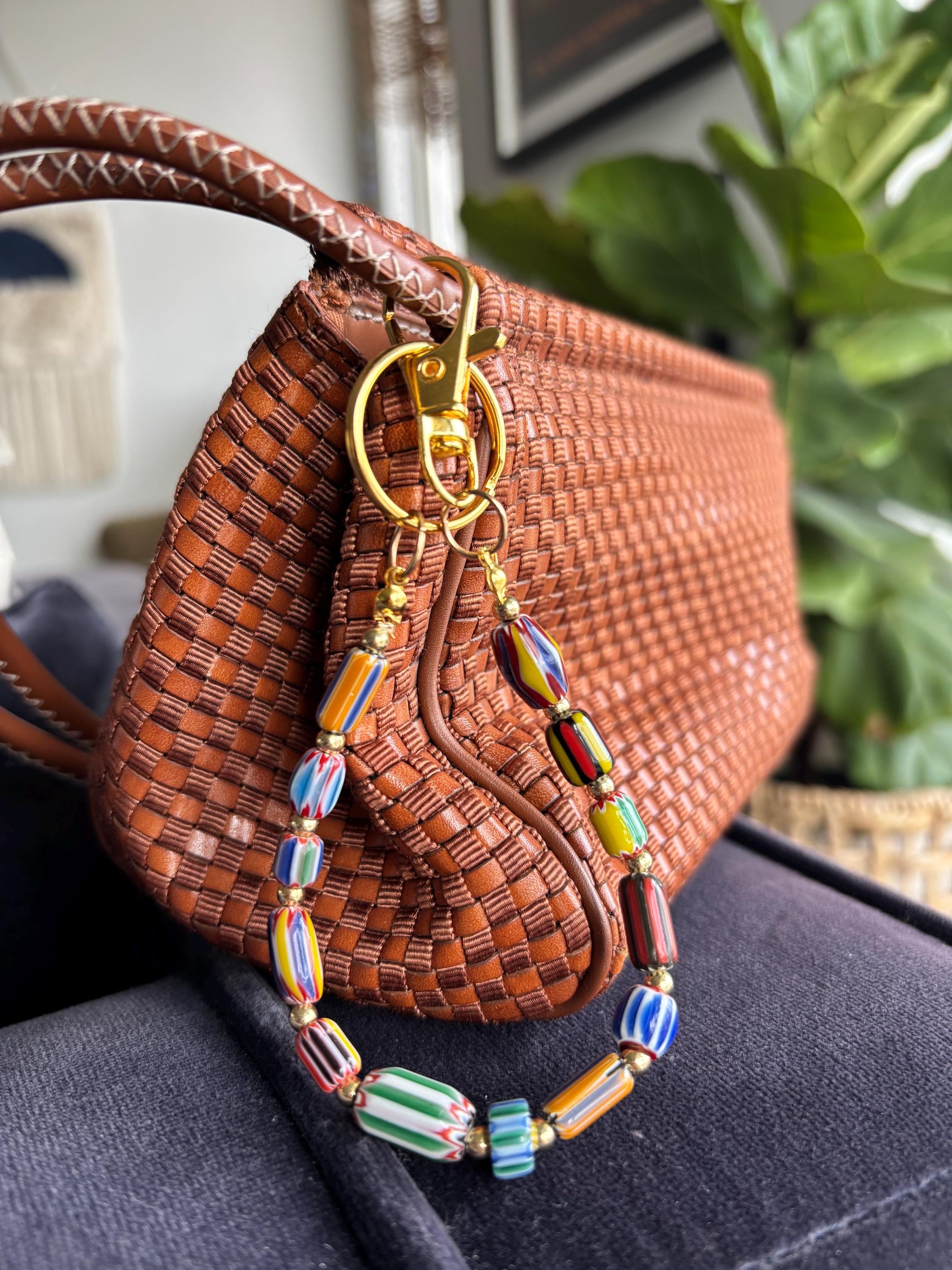 Bag Charm Keychains with Colorful Patterned Beads and Gold Accents, Handmade and Customizable Style & Length for Purse, Perfect for Gifts