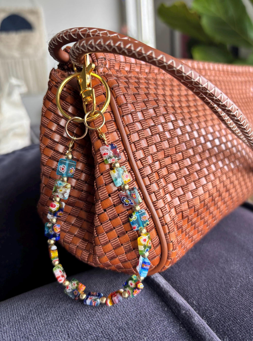 Bag Charm Keychains with Floral Glass Beads and Gold Accents, Handmade and Customizable Style & Length for Purse, Perfect for Gifts