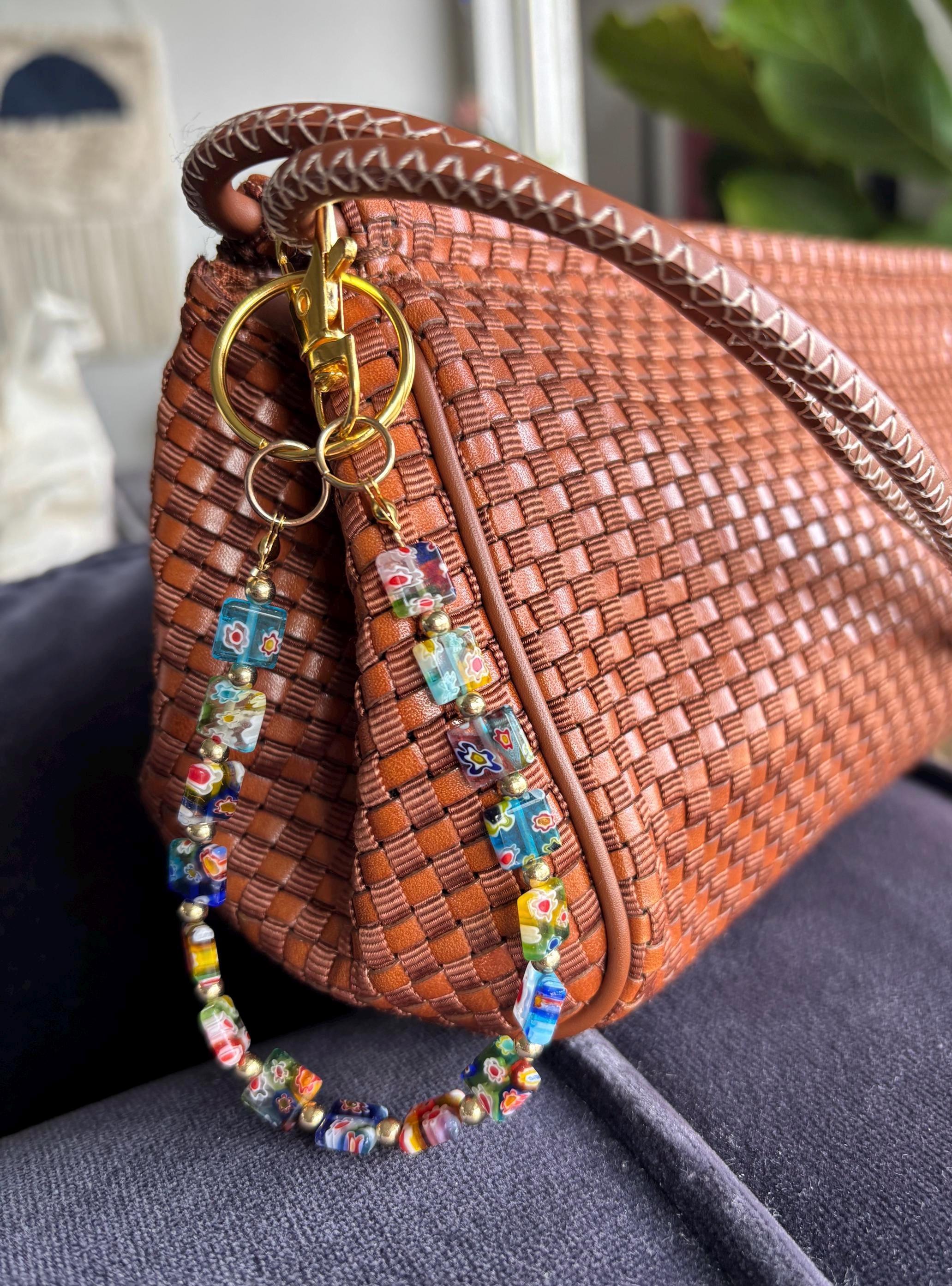 Bag Charm Keychains with Floral Glass Beads and Gold Accents, Handmade and Customizable Style & Length for Purse, Perfect for Gifts