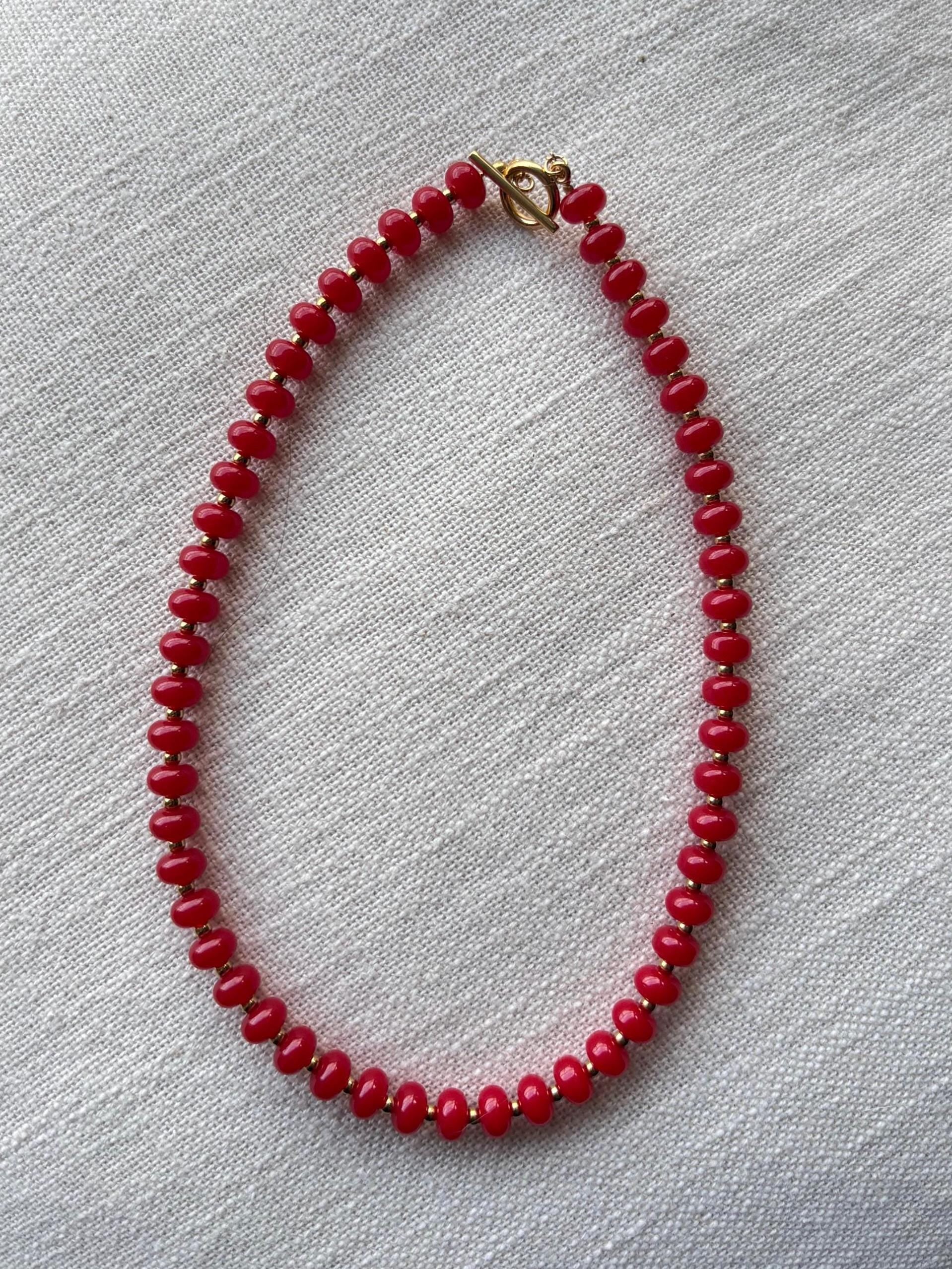 Red Beaded Necklace with Tarnish Resistant Gold Accents | Toggle Clasp Closure and Donut Roundelle Glass Beads | 17” + Customizable