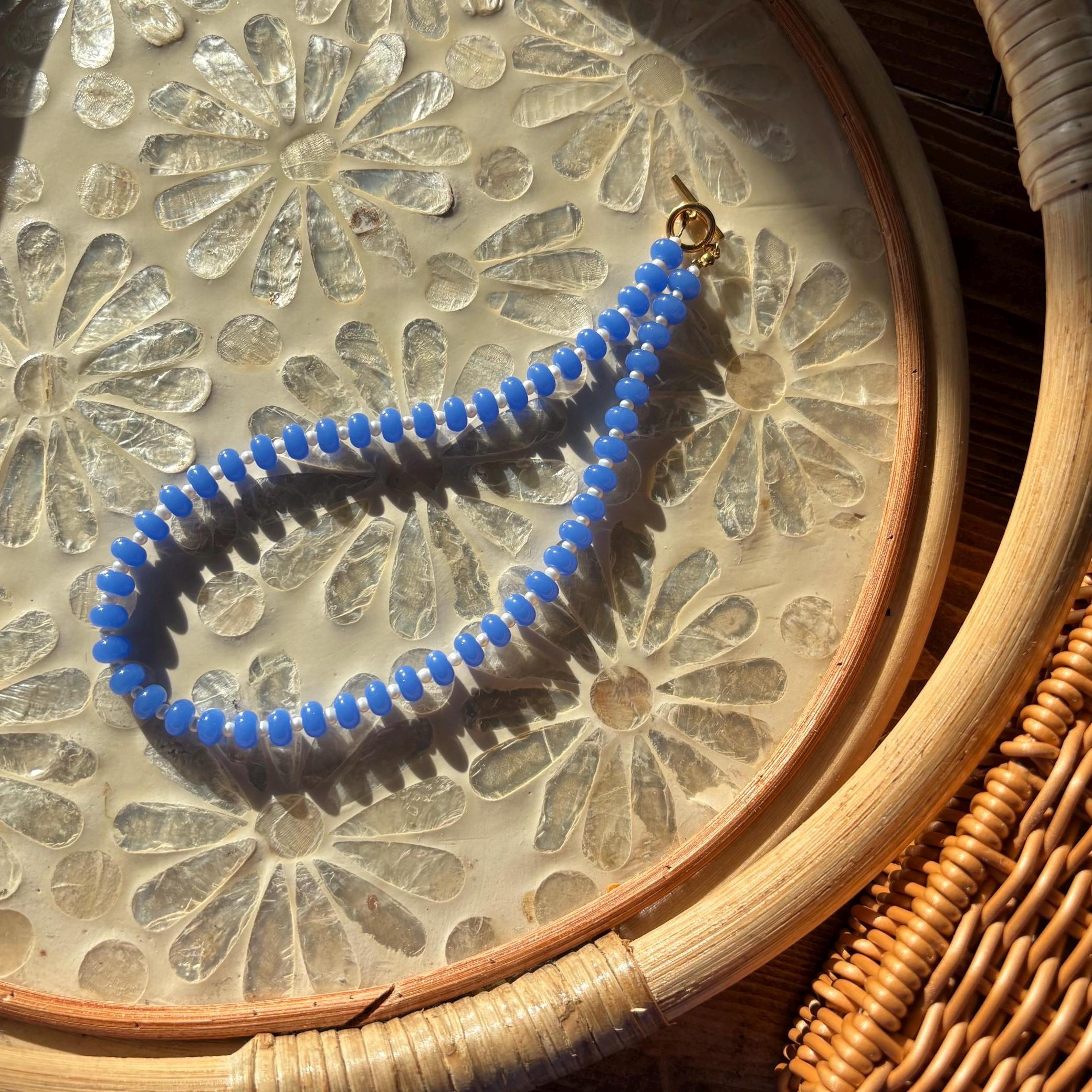 Periwinkle Beaded Necklace with Tarnish Resistant Gold Accents + Pearls | Toggle Clasp and Donut Roundelle Glass Beads | 17” + Customizable