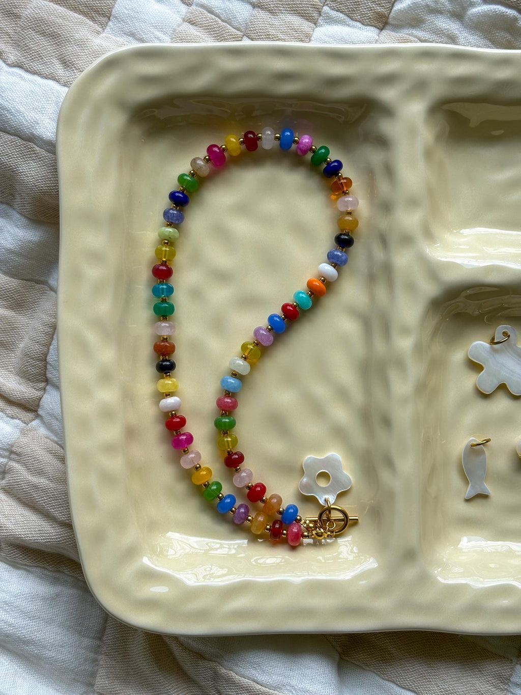 Multicolor Beaded Necklace with Shell or Pearl Focal Charm | Gold Toggle Clasp Closure and Donut Roundelle Glass Beads | 17” + Customizable