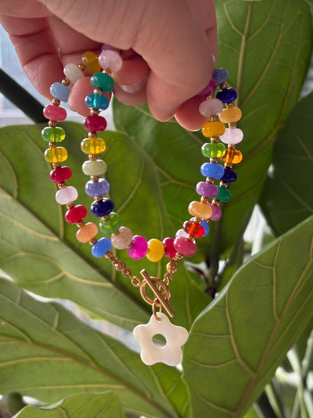 Multicolor Beaded Necklace with Shell or Pearl Focal Charm | Gold Toggle Clasp Closure and Donut Roundelle Glass Beads | 17” + Customizable