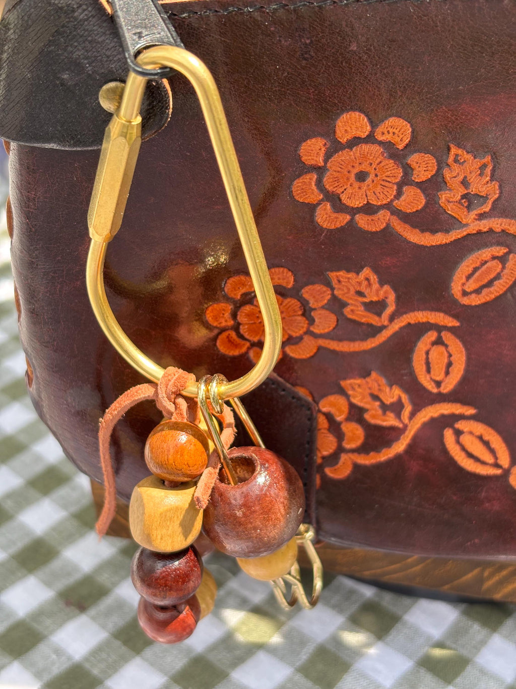 Bag Charm Keychain with Wood Beads and Suede Cord, Customizable and Handmade with Gold Carabiner + Accents, Gifts and Party Favors