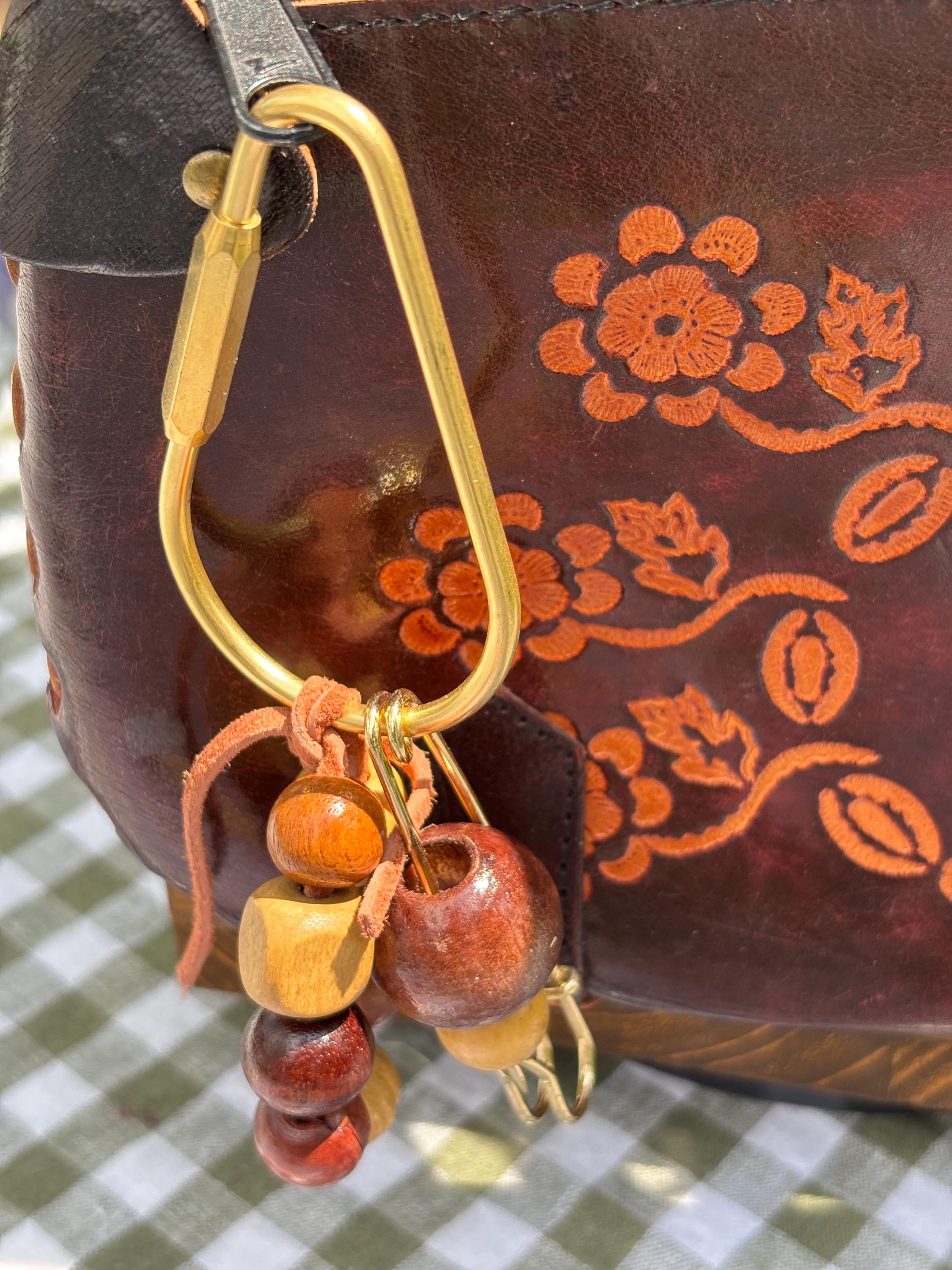 Bag Charm Keychain with Wood Beads and Suede Cord, Customizable and Handmade with Gold Carabiner + Accents, Gifts and Party Favors