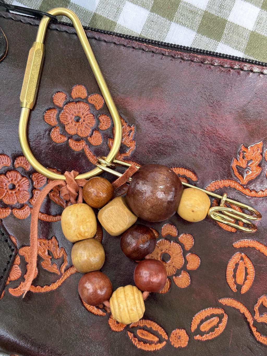 Bag Charm Keychain with Wood Beads and Suede Cord, Customizable and Handmade with Gold Carabiner + Accents, Gifts and Party Favors