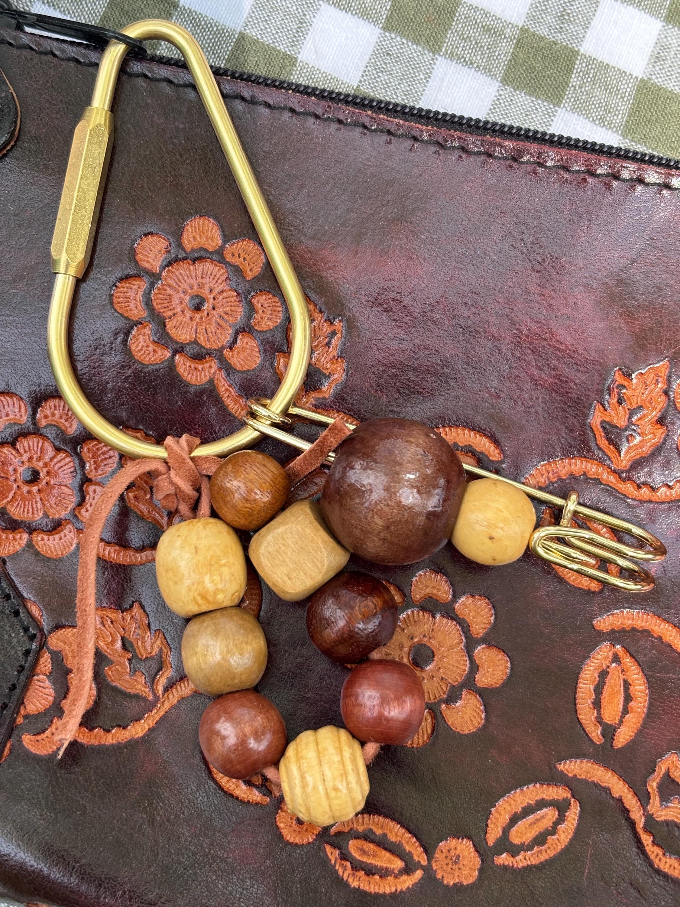 Bag Charm Keychain with Wood Beads and Suede Cord, Customizable and Handmade with Gold Carabiner + Accents, Gifts and Party Favors