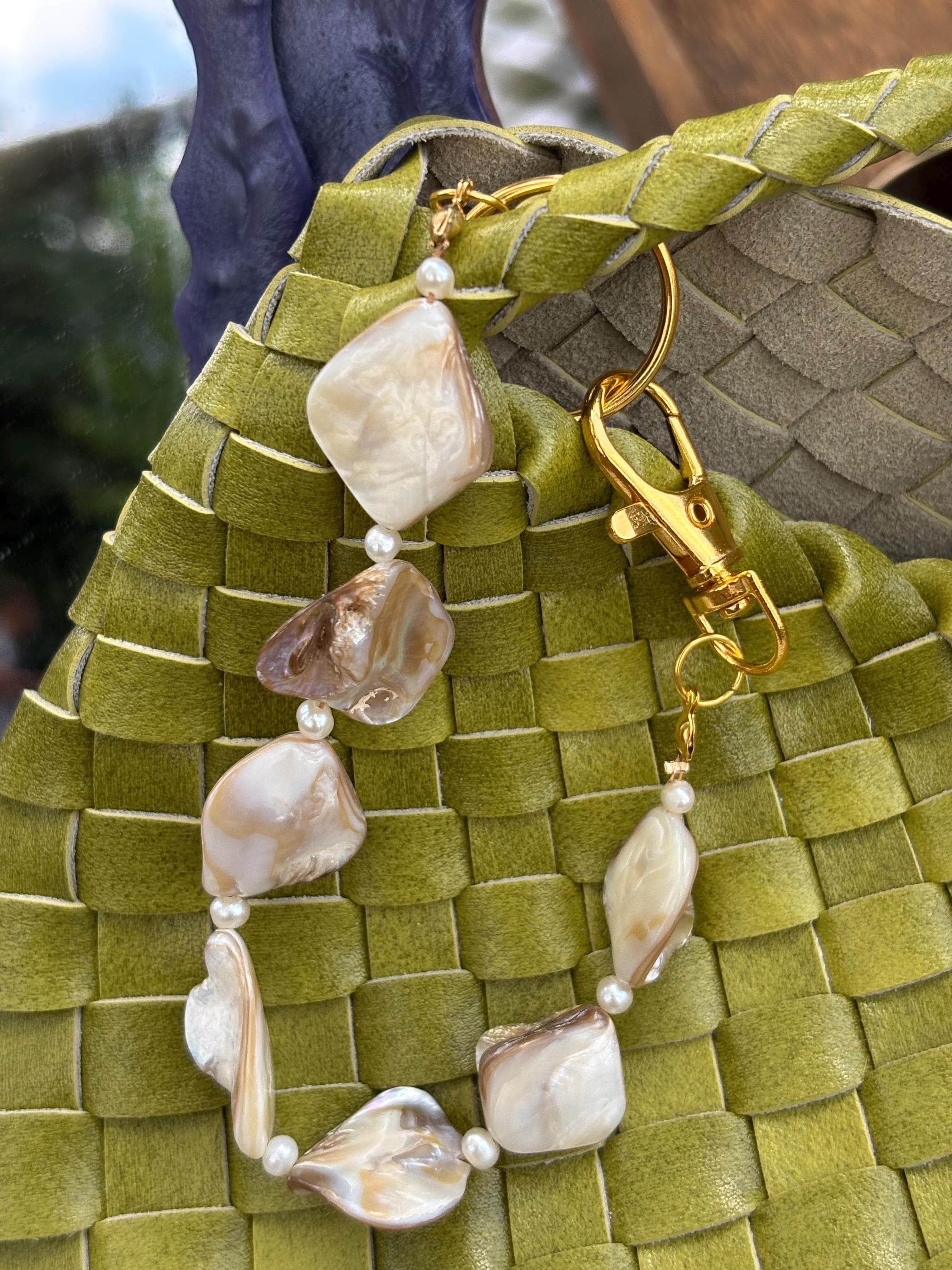Bag Charm Keychain with Shells and Freshwater Pearls, Handmade and Customizable with Gold Accents, Good for Gifts