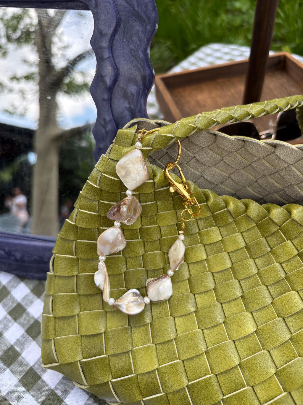Bag Charm Keychain with Shells and Freshwater Pearls, Handmade and Customizable with Gold Accents, Good for Gifts