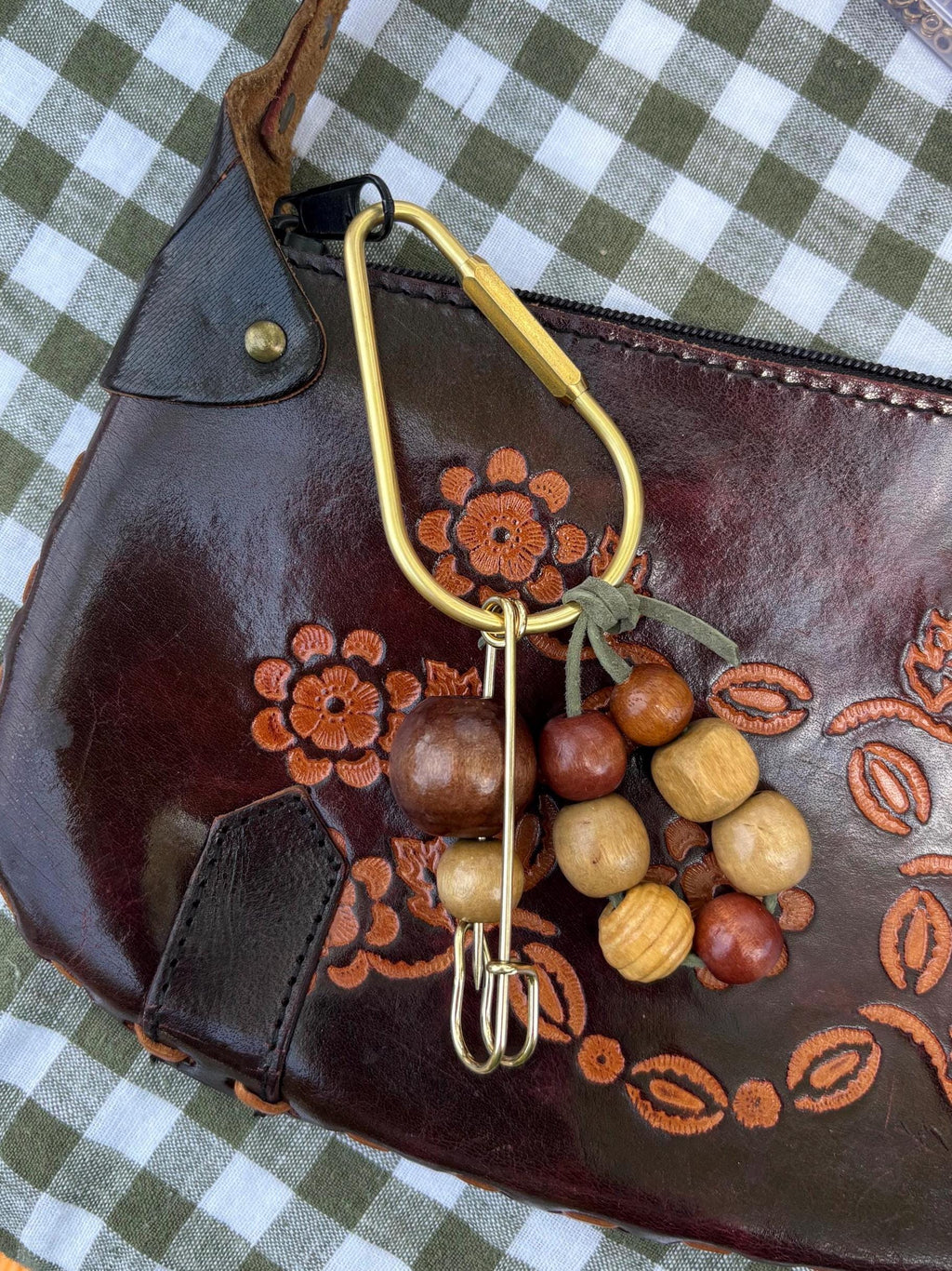 Bag Charm Keychain with Wood Beads and Suede Cord, Customizable and Handmade with Gold Carabiner + Accents, Gifts and Party Favors