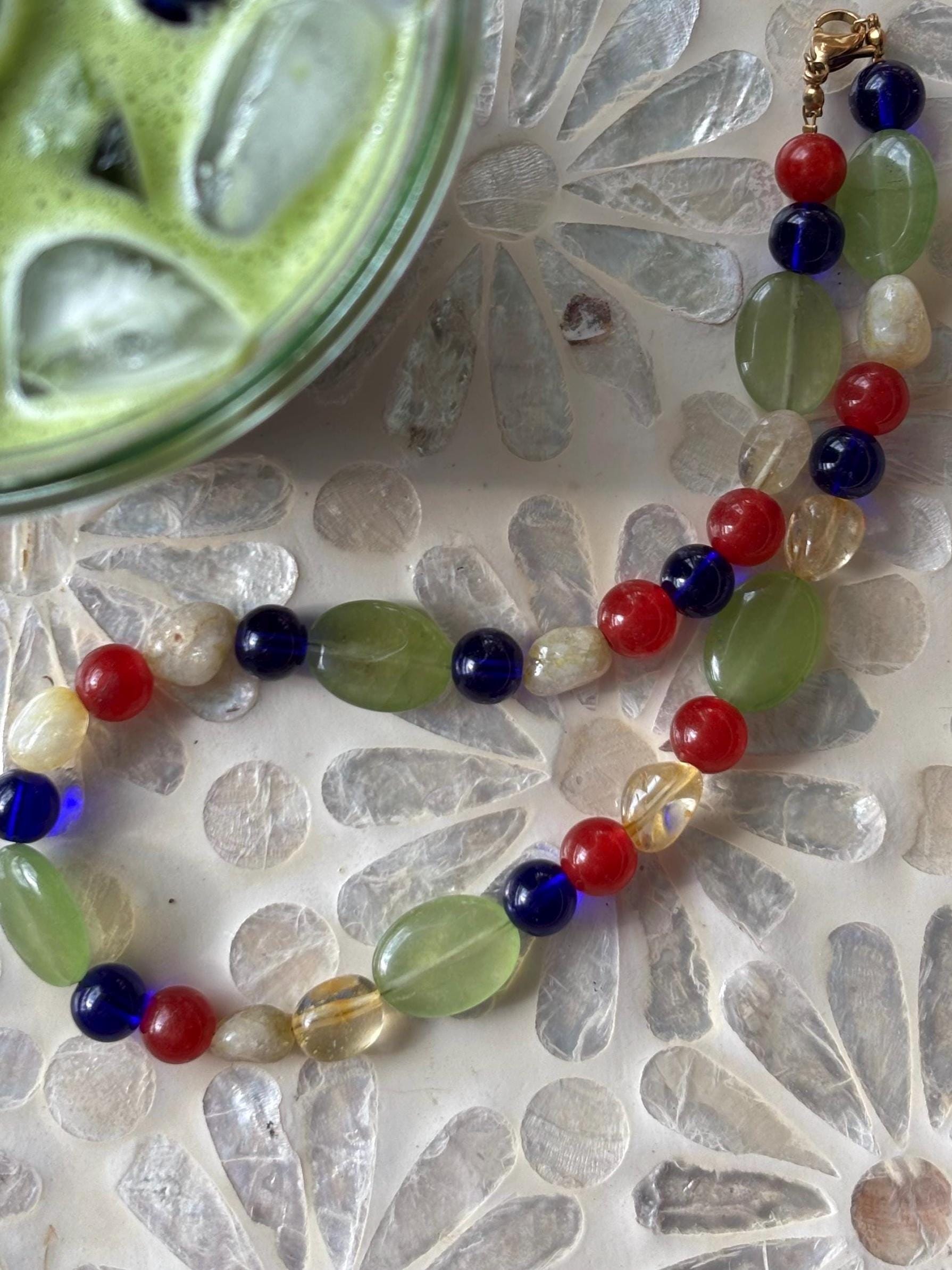 Chunky Colorful Necklace with Tarnish Resistant Gold Accents | Claw Clasp with Glass and Stone Beads | 17” + Customizable