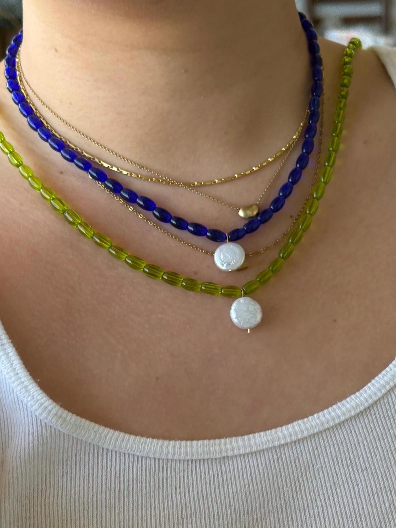 Freshwater Coin Pearl Necklace with Tarnish Resistant Gold Accents | Claw Clasp with Crystal Glass Rice Beads | 17” + Customizable