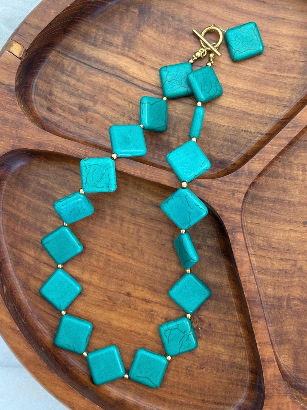 Teal Square Choker Necklace with Dangle Accent | Tarnish Resistant Gold Accents | Circle Toggle Clasp | 16” + Customizable