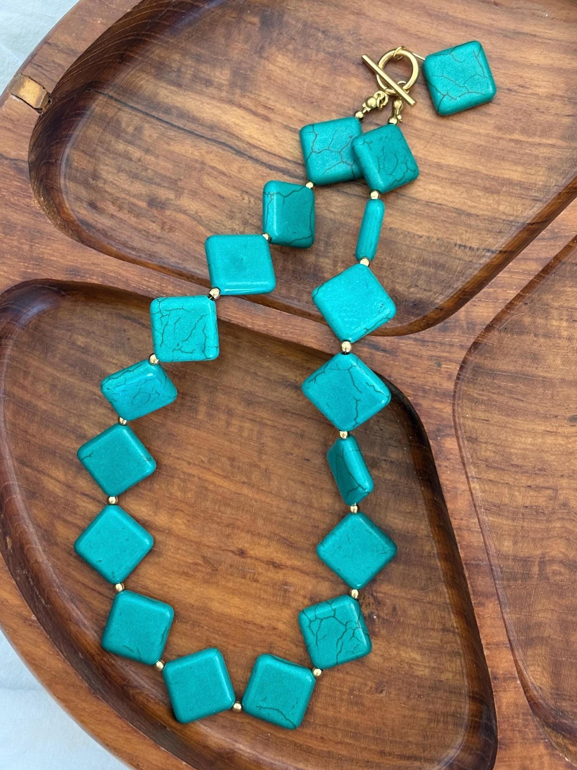 Teal Square Choker Necklace with Dangle Accent | Tarnish Resistant Gold Accents | Circle Toggle Clasp | 16” + Customizable