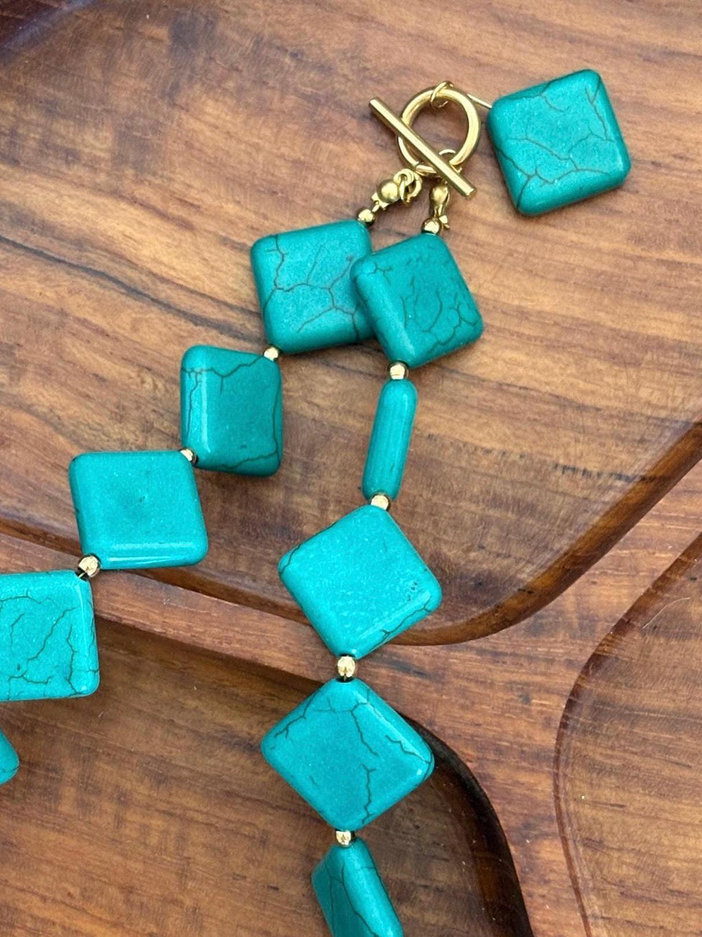 Teal Square Choker Necklace with Dangle Accent | Tarnish Resistant Gold Accents | Circle Toggle Clasp | 16” + Customizable
