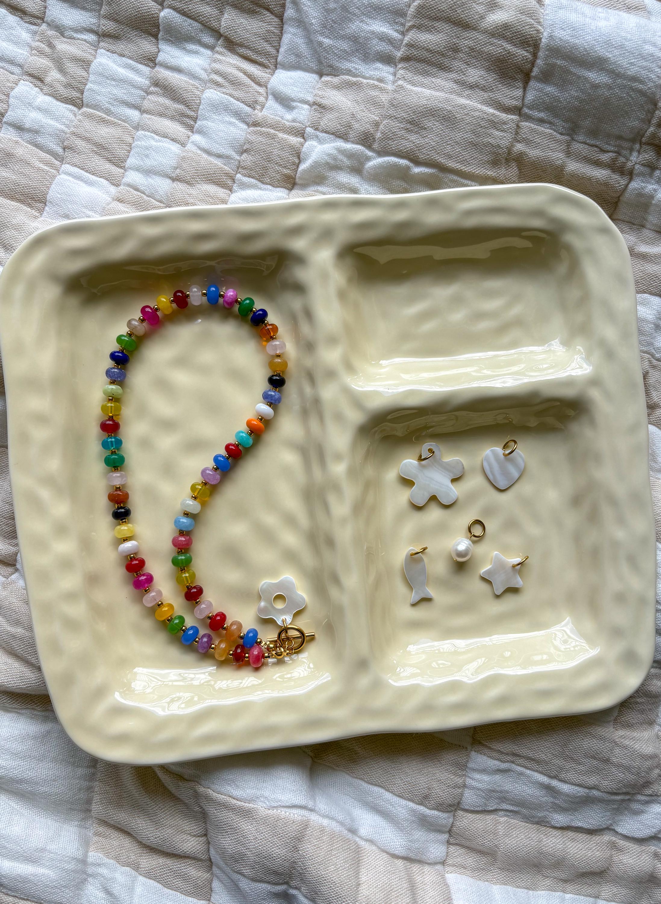 Multicolor Beaded Necklace with Shell or Pearl Focal Charm | Gold Toggle Clasp Closure and Donut Roundelle Glass Beads | 17” + Customizable