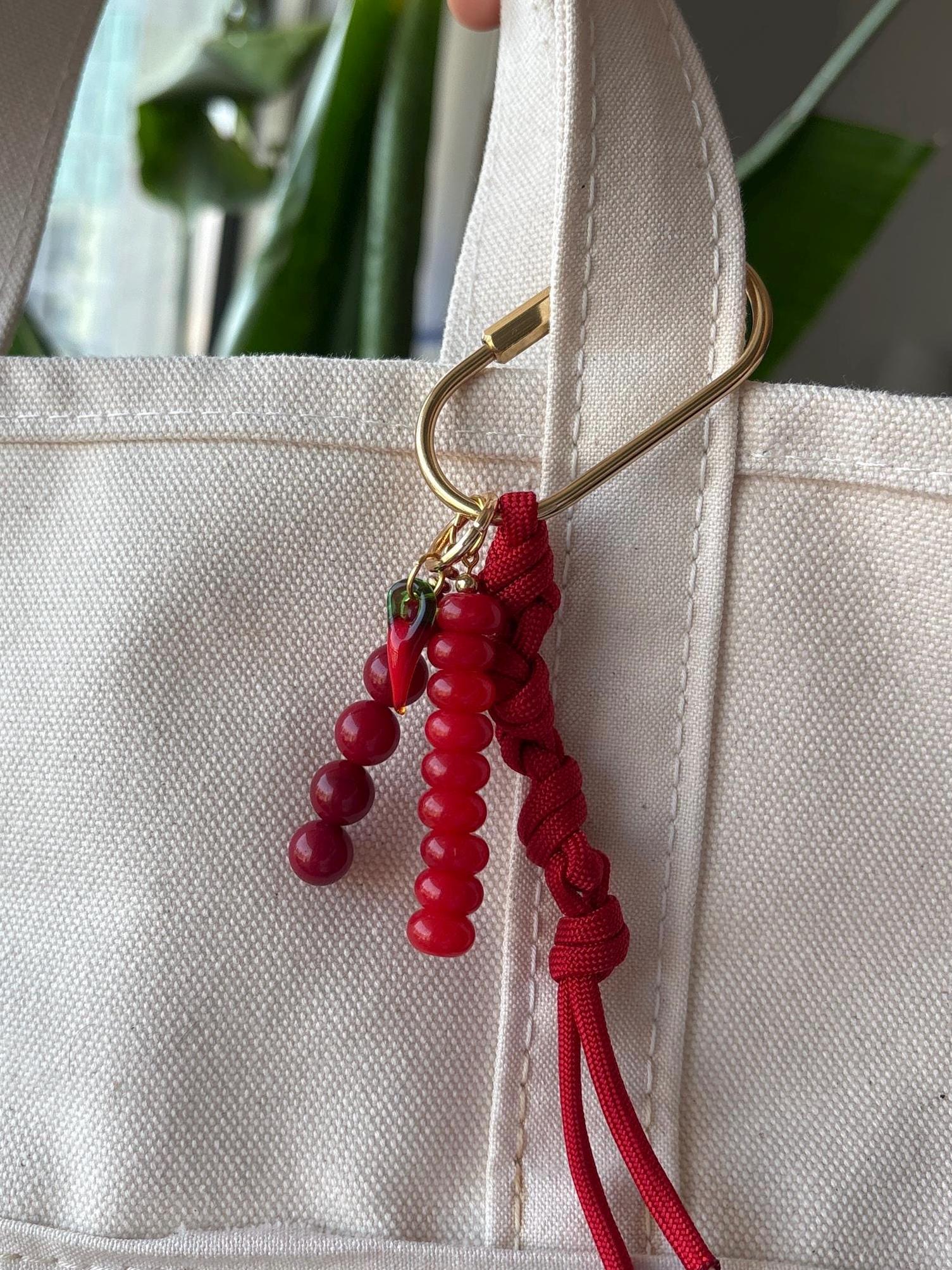 Bag Charm Keychains with Chili + Red Glass Beads, Gold Carabiner, and Paracord Accent | Handmade and Customizable | Perfect for Gifts