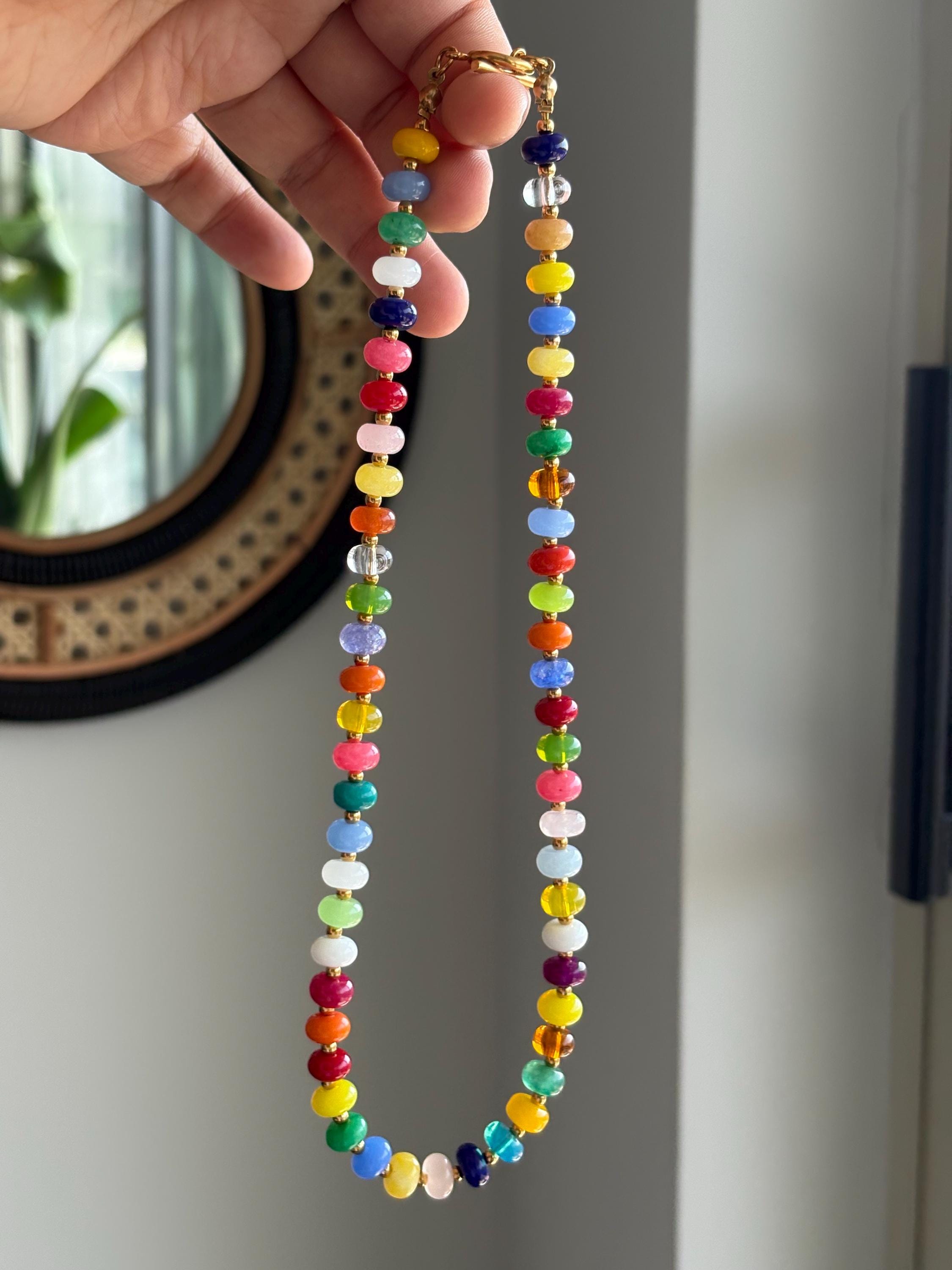 Multicolor Beaded Necklace with Tarnish Resistant Gold Accents | Toggle Clasp Closure and Donut Roundelle Glass Beads | 17” + Customizable