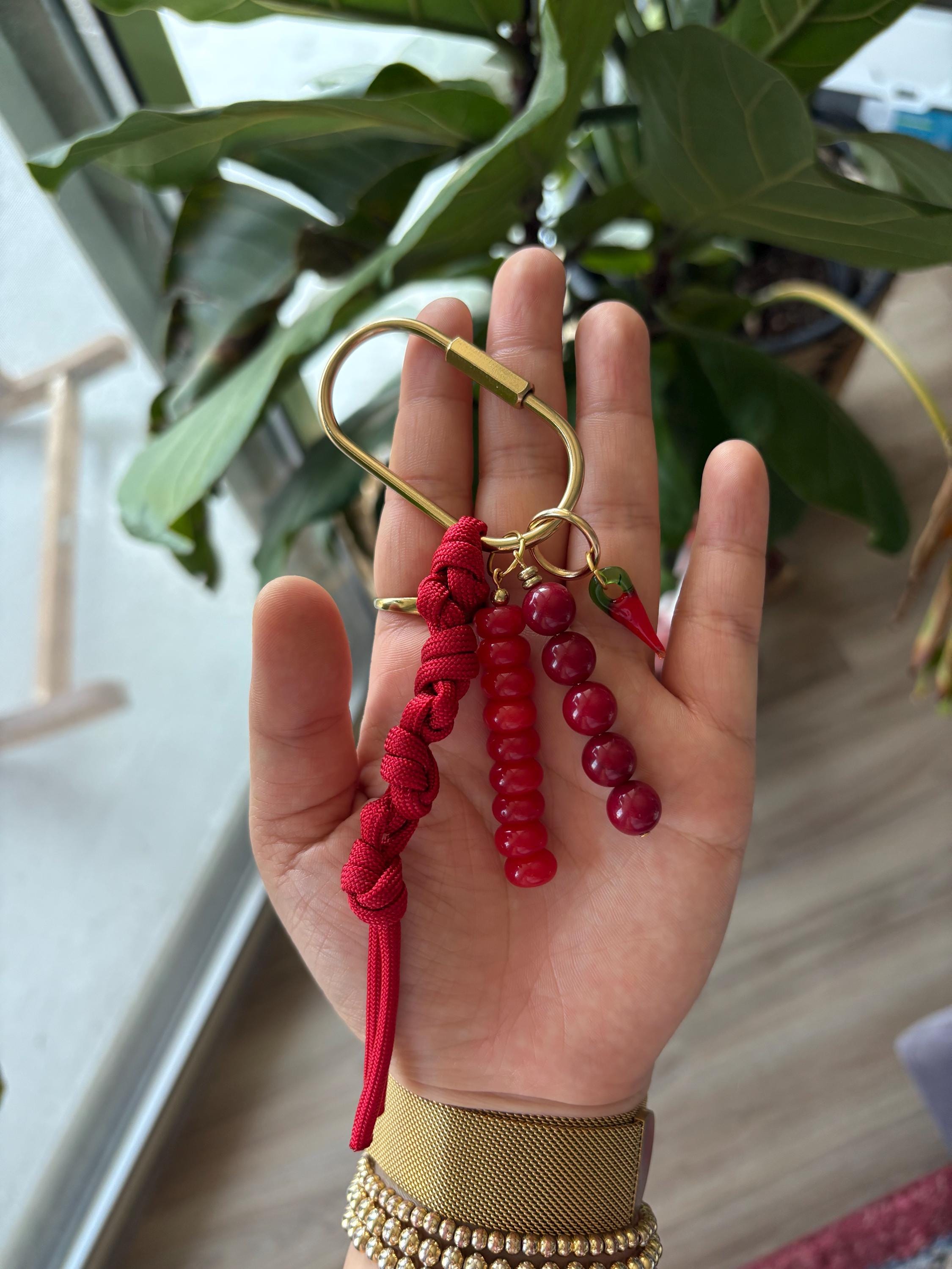 Bag Charm Keychains with Chili + Red Glass Beads, Gold Carabiner, and Paracord Accent | Handmade and Customizable | Perfect for Gifts