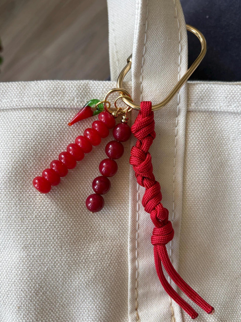 Bag Charm Keychains with Chili + Red Glass Beads, Gold Carabiner, and Paracord Accent | Handmade and Customizable | Perfect for Gifts