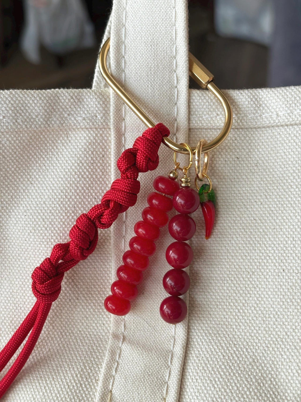 Bag Charm Keychains with Chili + Red Glass Beads, Gold Carabiner, and Paracord Accent | Handmade and Customizable | Perfect for Gifts