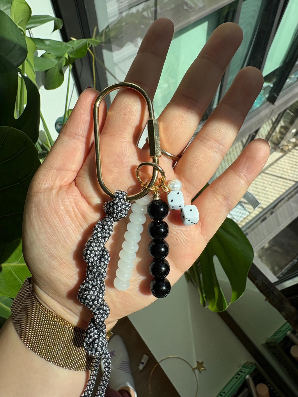 Bag Charm Keychains with Glass Beads + Dice Charm, Gold Fixtures, and Paracord Accent | Handmade and Customizable | Perfect for Purse Gifts