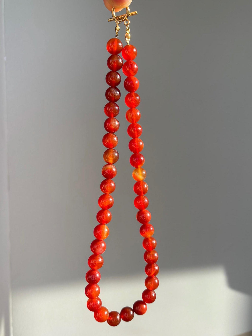 Carnelian Orange Beaded Necklace with Tarnish Resistant Gold Accents | Toggle Clasp Closure and Round Glass Beads | 16.5” + Customizable