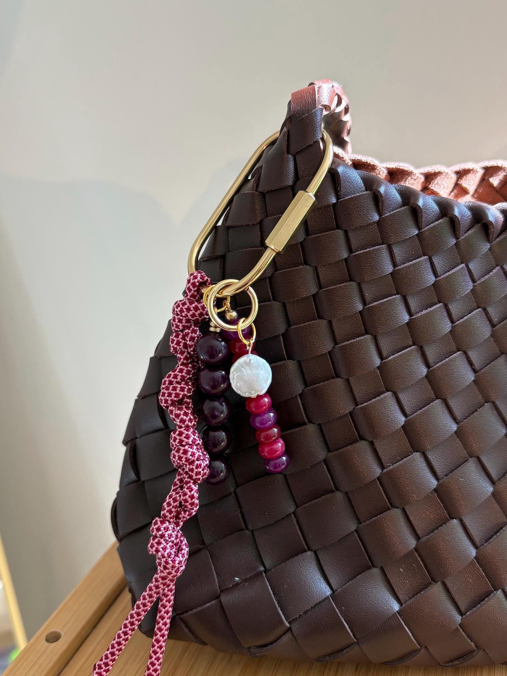 Bag Charm Keychains with Glass Beads + Pearl Charm, Gold Fixtures, and Paracord Accent | Handmade and Customizable | Perfect for Purse Gifts