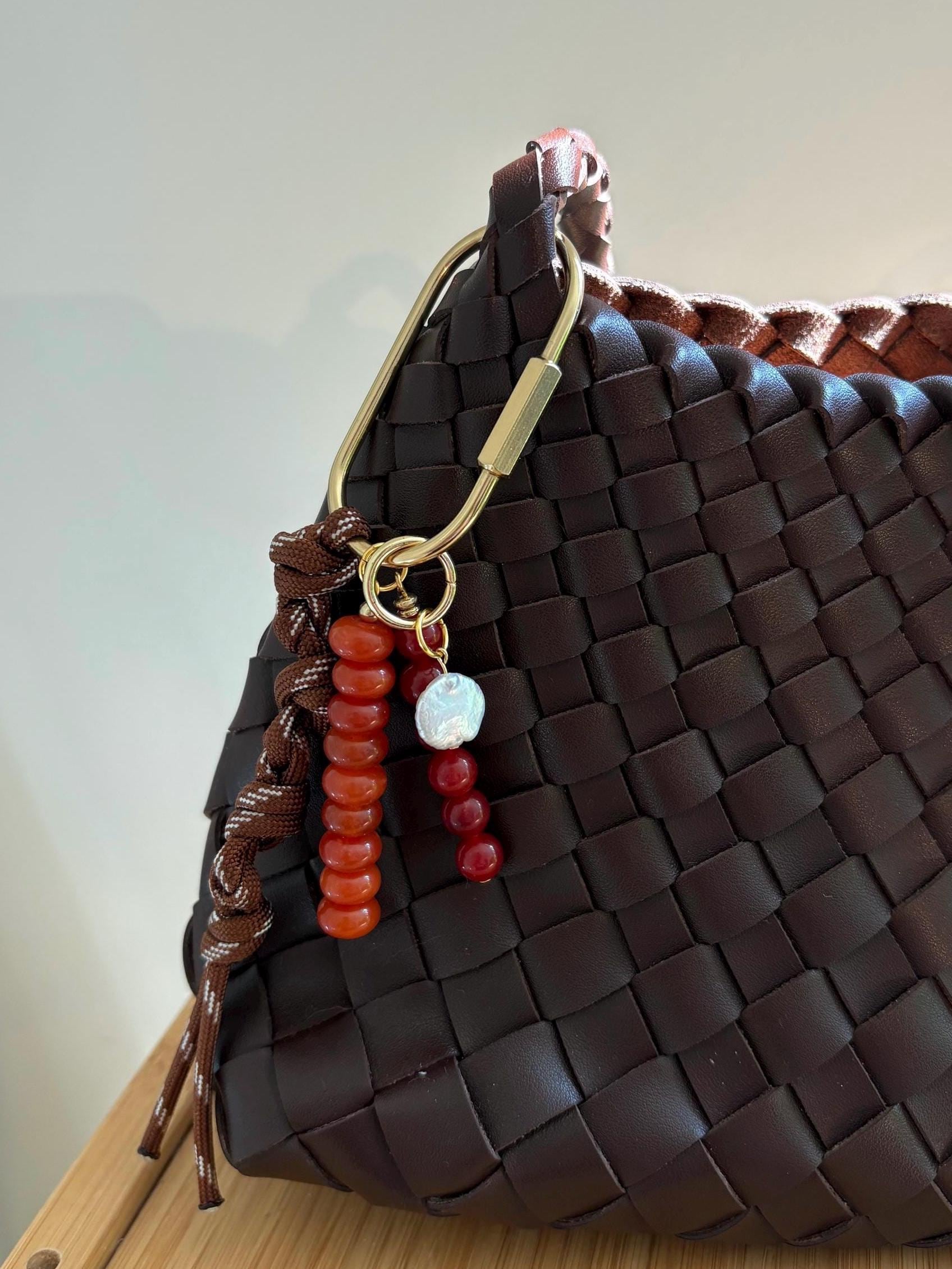 Bag Charm Keychains with Glass Beads + Pearl Charm, Gold Fixtures, and Paracord Accent | Handmade and Customizable | Perfect for Purse Gifts