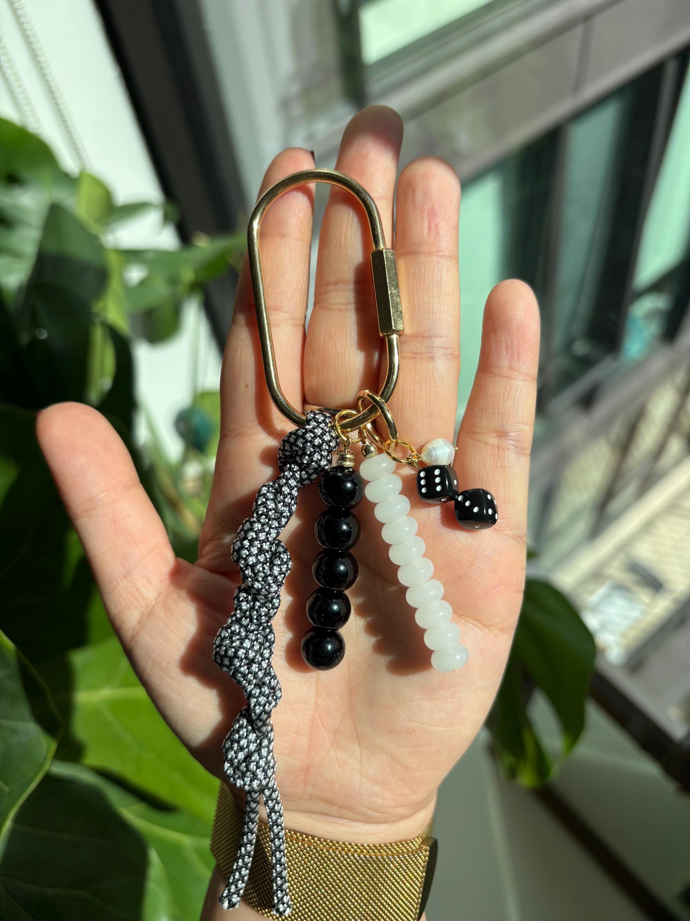 Bag Charm Keychains with Glass Beads + Dice Charm, Gold Fixtures, and Paracord Accent | Handmade and Customizable | Perfect for Purse Gifts