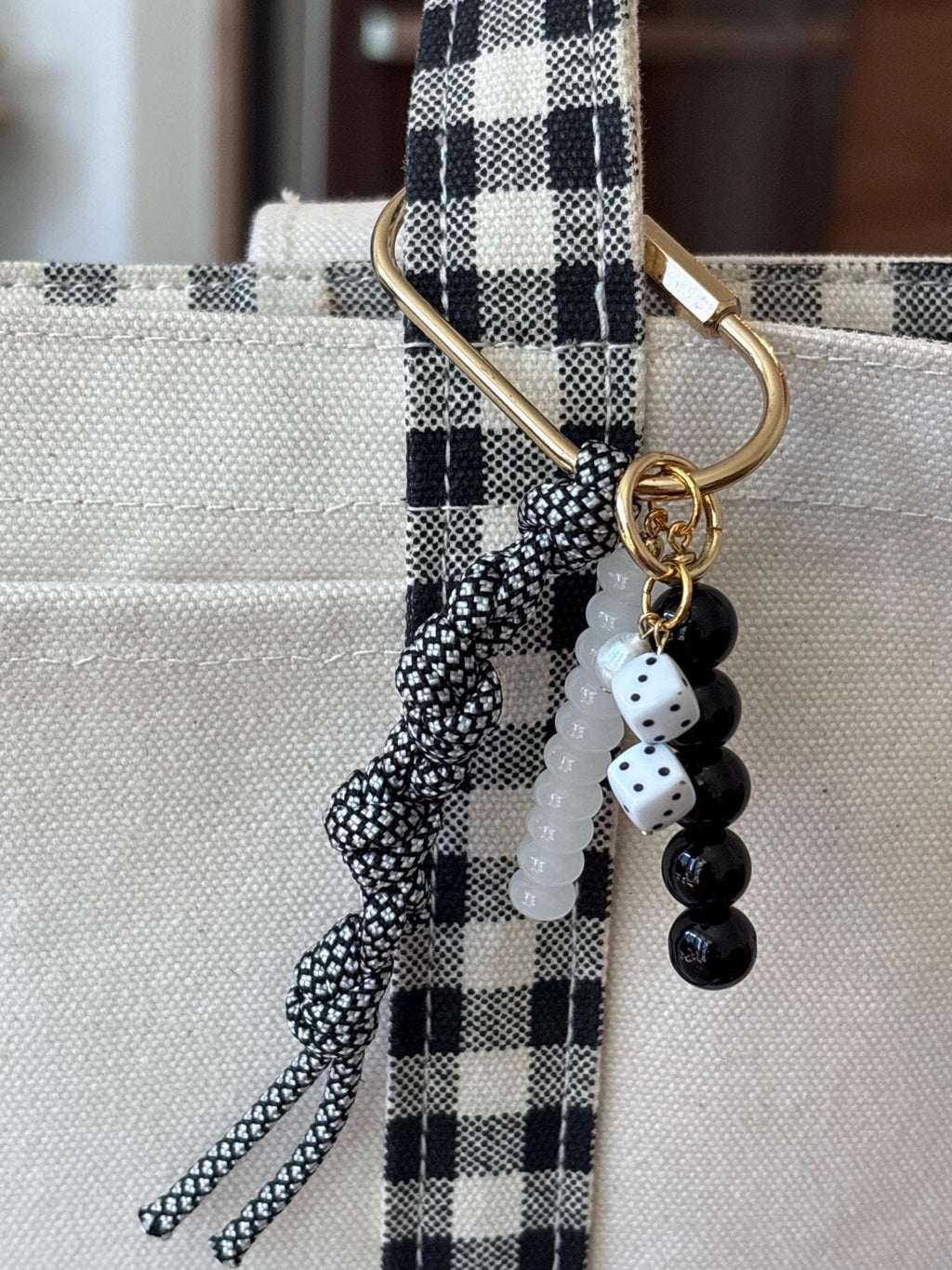 Bag Charm Keychains with Glass Beads + Dice Charm, Gold Fixtures, and Paracord Accent | Handmade and Customizable | Perfect for Purse Gifts