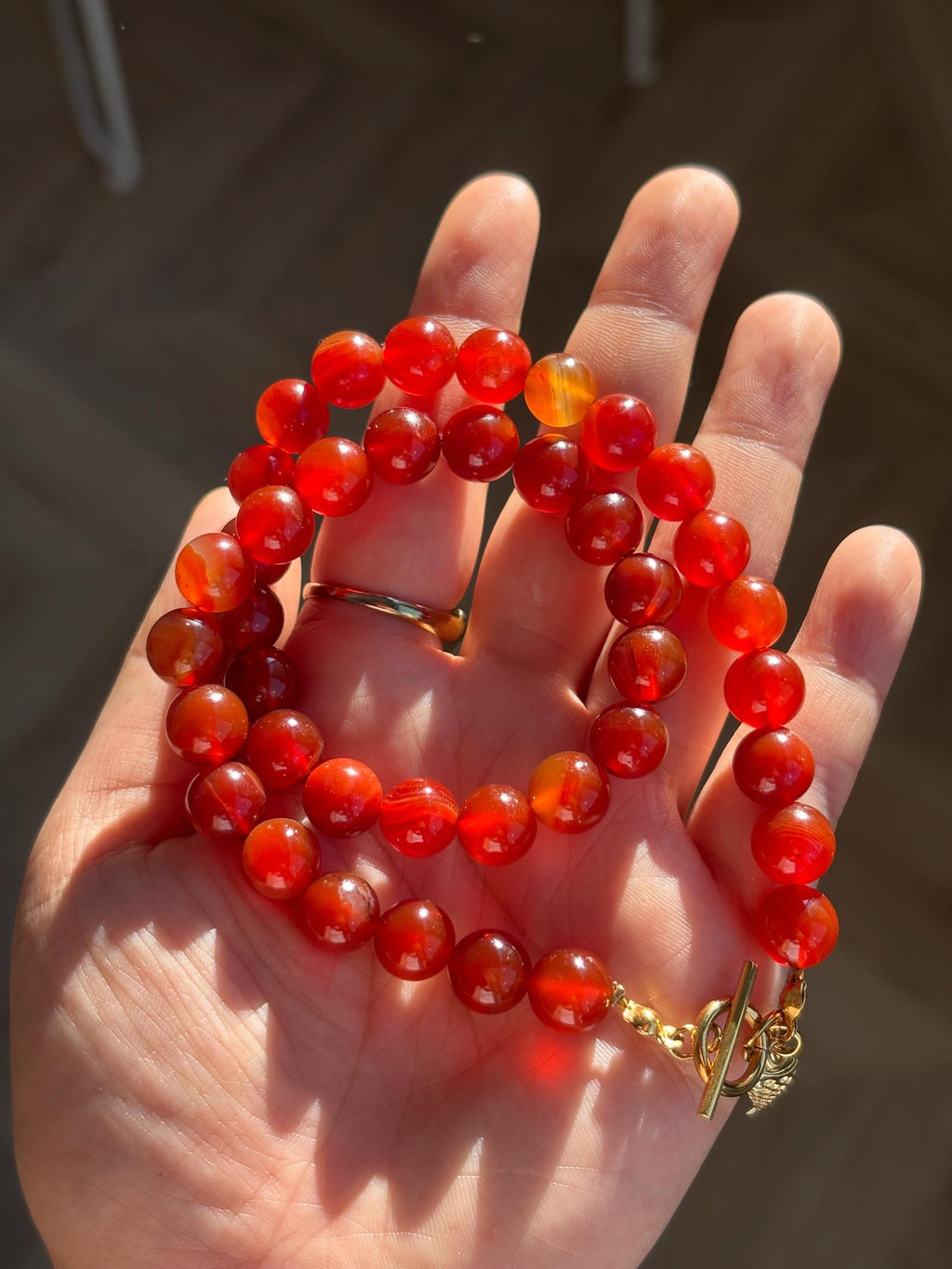 Carnelian Orange Beaded Necklace with Tarnish Resistant Gold Accents | Toggle Clasp Closure and Round Glass Beads | 16.5” + Customizable