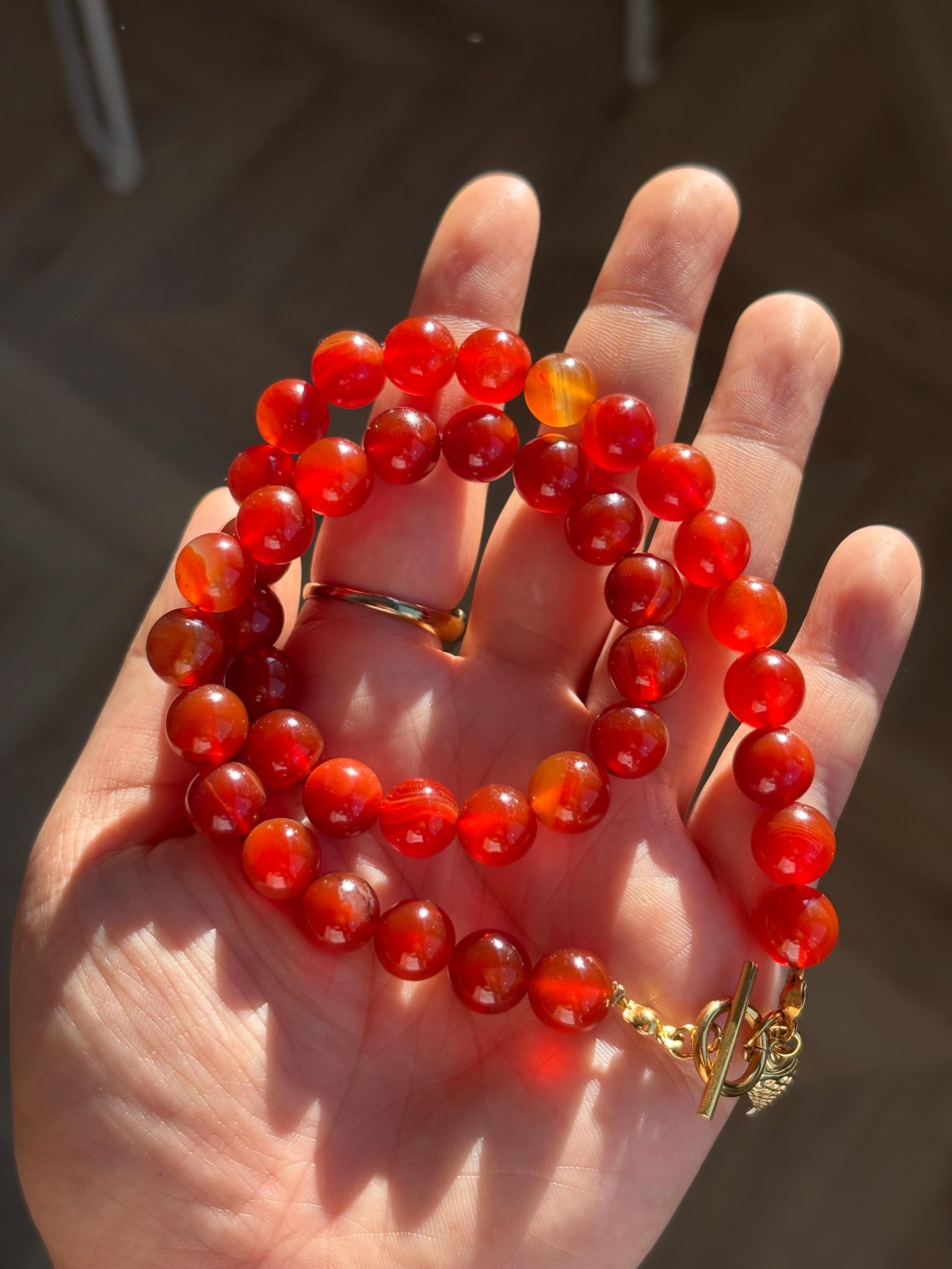 Carnelian Orange Beaded Necklace with Tarnish Resistant Gold Accents | Toggle Clasp Closure and Round Glass Beads | 16.5” + Customizable