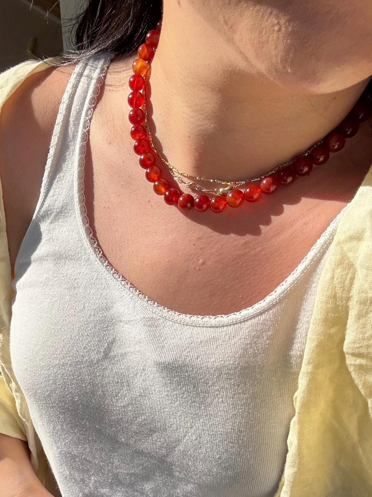 Carnelian Orange Beaded Necklace with Tarnish Resistant Gold Accents | Toggle Clasp Closure and Round Glass Beads | 16.5” + Customizable