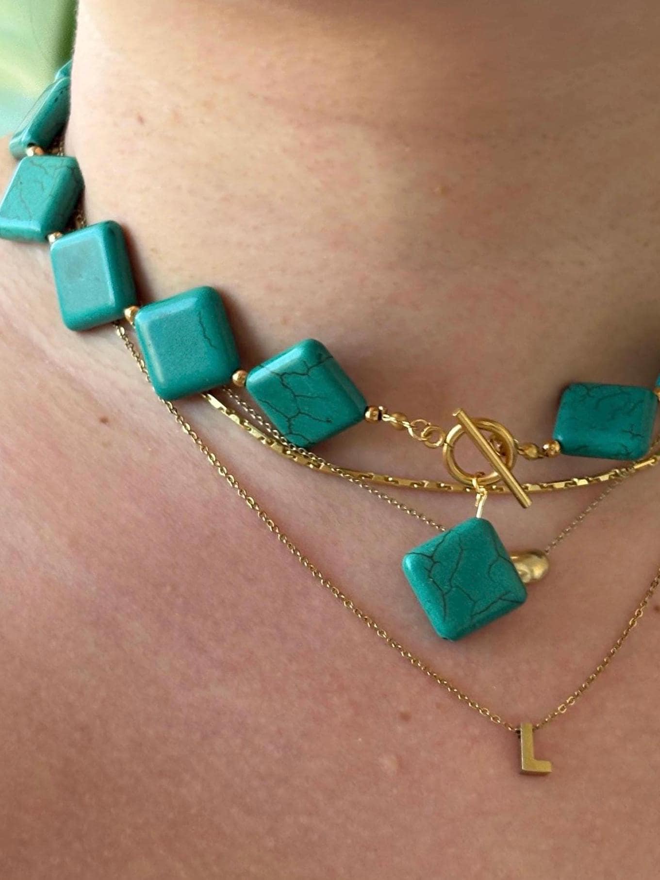 Teal Square Choker Necklace with Dangle Accent | Tarnish Resistant Gold Accents | Circle Toggle Clasp | 16” + Customizable